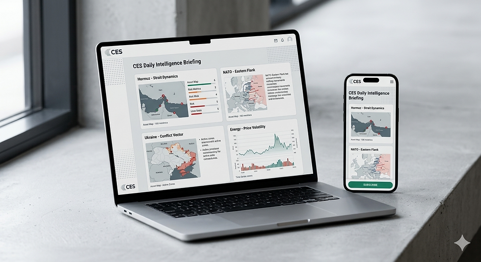 CES Daily Intelligence Briefing interface displayed on laptop and smartphone, illustrating real-time AI sovereignty monitoring