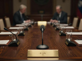 Close-up of a diplomatic negotiation table with brass delegation nameplates and microphones, rows of mostly empty chairs blurred in the background of a dim hall.