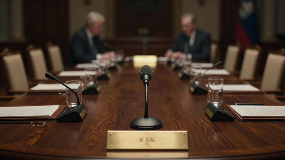 Close-up of a diplomatic negotiation table with brass delegation nameplates and microphones, rows of mostly empty chairs blurred in the background of a dim hall.
