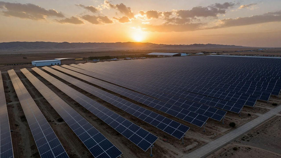 Photorealistic aerial view of solar photovoltaic panel farm in Anatolia, Turkey, at golden hour sunset, rows of panels across arid landscape with distant mountains, atmospheric haze, cinematic documentary style