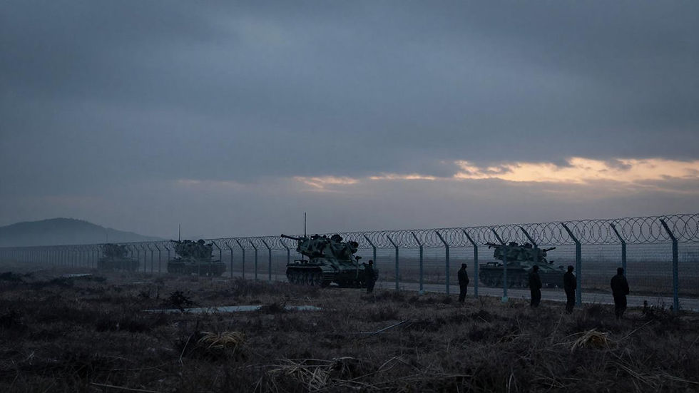 Self-propelled howitzers positioned behind newly erected barbed wire fences in the Korean DMZ at dusk, October 2026