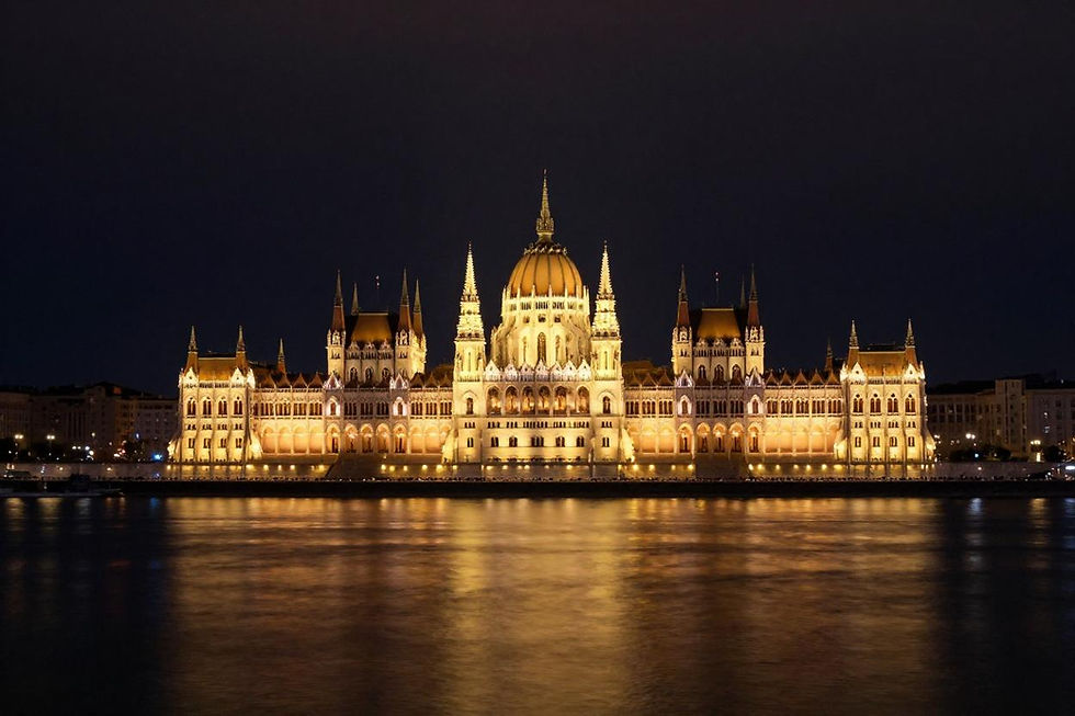 Hungary geopolitical risk assessment 2026: Hungarian Parliament Building on the Danube at night, Budapest