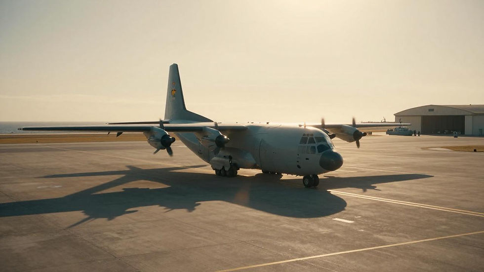 Grey C-130 on a golden-hour naval airbase tarmac, the new face of US military presence in Mexico.