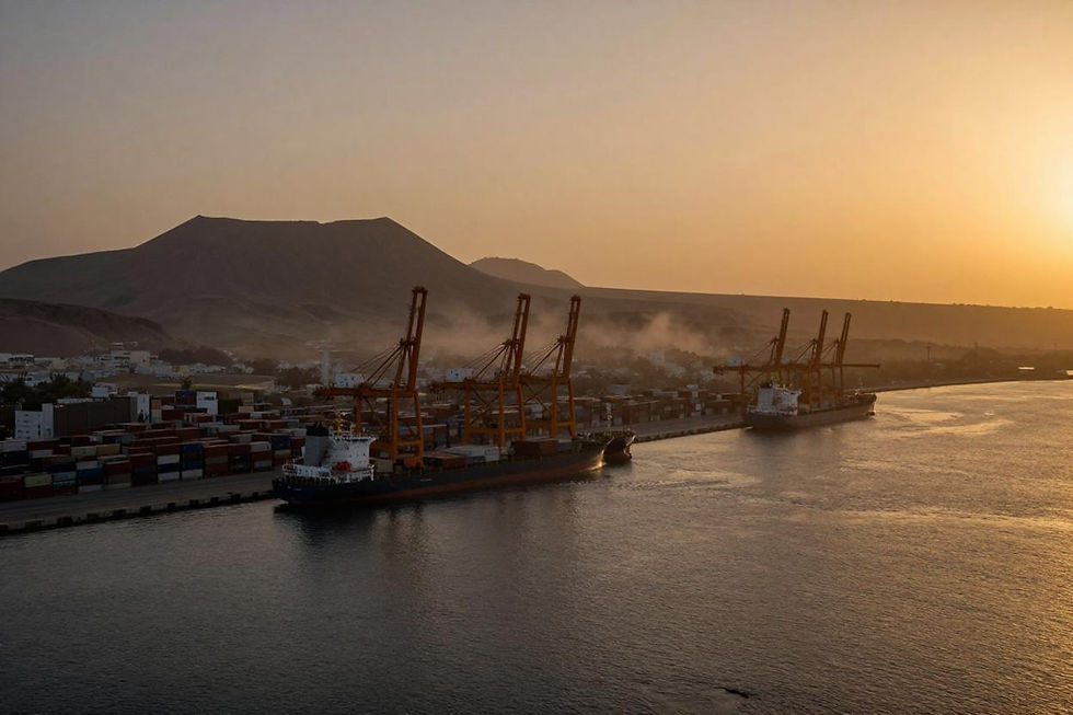 Aerial view of Djibouti Gulf of Tadjourah at dusk, Doraleh container terminal cranes and anchored cargo ships silhouetted against an amber sky, arid volcanic mountains in the background