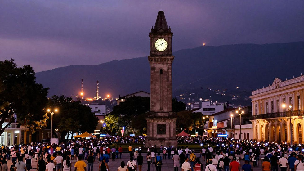 Clock tower without hands above a crowd of demonstrators in Caracas at dusk, with oil refinery flares on the horizon — Venezuela political transition risk.