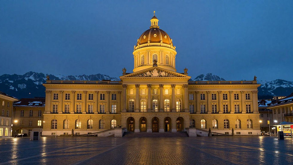 The Bundeshaus in Bern, Switzerland at dusk — the Federal Palace where the 2026 neutrality referendum aftermath, sanctions convergence decisions and Bilaterals III signature converged. Header image for CES Intelligence Switzerland 2026 geopolitical risk assessment.