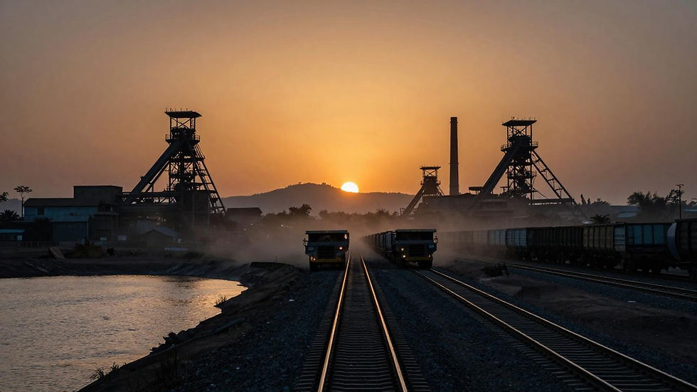 Zambia 2026 geopolitical risk assessment: Copperbelt mining landscape at dusk with haul trucks and rail corridor infrastructure splitting toward Atlantic and Indian Ocean export routes