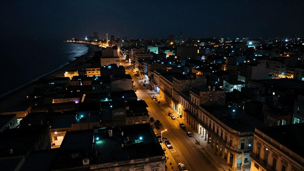 Aerial view of Havana during a national grid collapse in July 2026, showing dark streets with scattered generator lights along El Malecón, as Cuba experiences its most severe energy crisis in history under a six-month US oil blockade with the national grid collapsing three times in ten days.