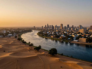 Aerial view of Khartoum Sudan 2026 geopolitical risk assessment showing the confluence of Blue and White Nile rivers at golden hour with desert landscape and city skyline