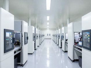 Semiconductor fabrication clean room facility with production equipment lines in symmetrical corridor perspective for chip manufacturing