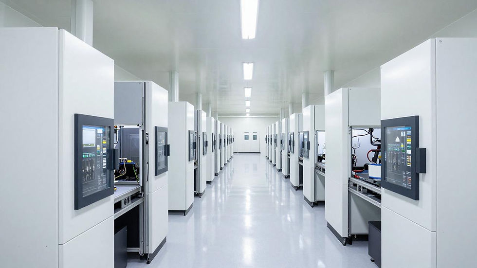 Semiconductor fabrication clean room facility with production equipment lines in symmetrical corridor perspective for chip manufacturing