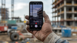 Smart phone held by hand capturing video of an incident on a construction site.