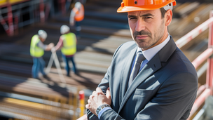 Man standing at a construction site with workers below.