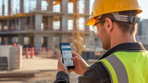 Man looking at LUMA1 on a smartphone on a construction site.