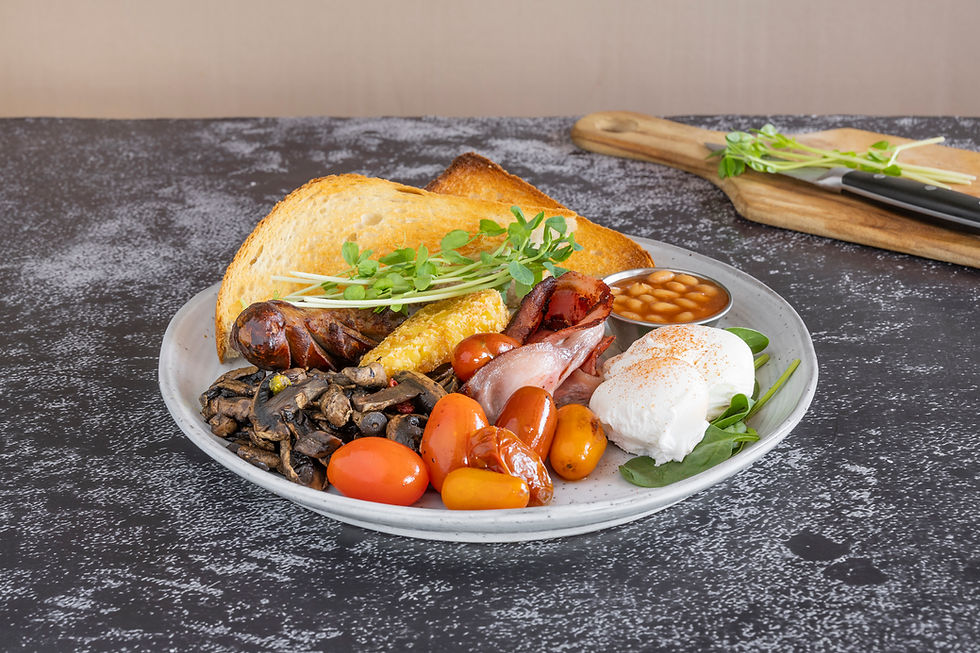Full Social breakfast with eggs, bacon, sausage, mushrooms, tomato and toast served at Lord Street Social in Highgate, Perth.