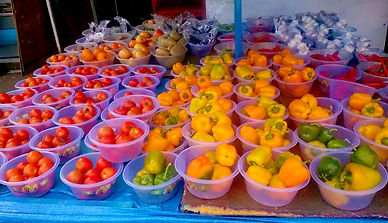 Plastic bowl display of various vegetables