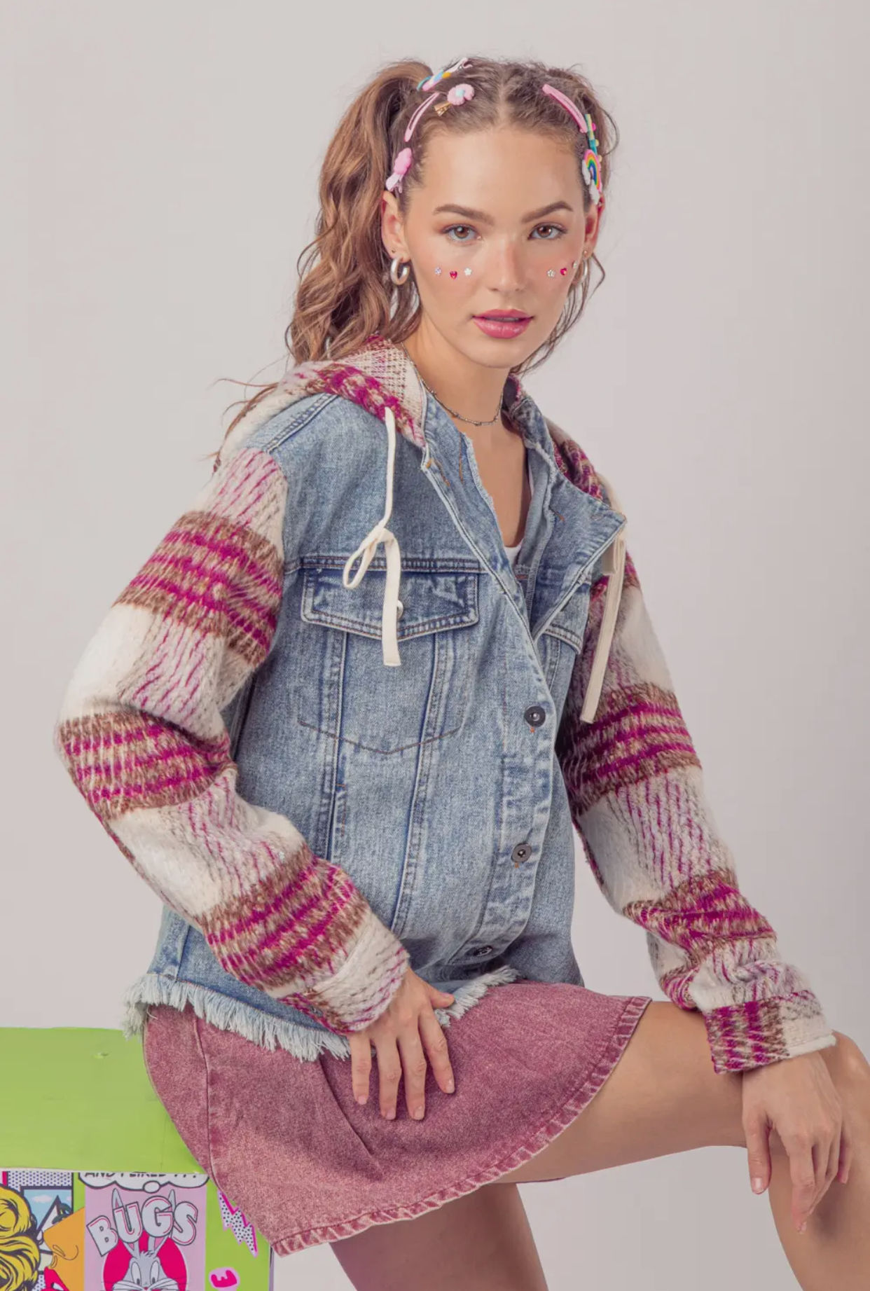 Flannel Plaid Sleeve Hooded Denim Jacket