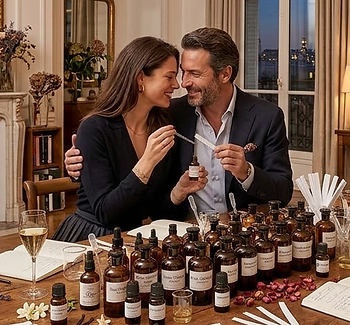 Smiling couple in a candlelit room tests perfume at a table covered with many brown bottles and scent strips.