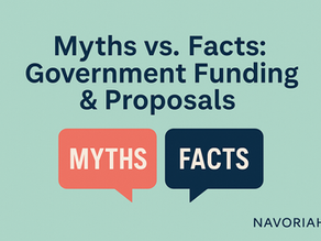 MYTH vs FACTS graphic on government funding & proposals. Read the blog for tips on grants, proposals, and consulting support.