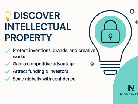 Discover Intellectual Property — lightbulb with lock symbolizing innovation protection, Navoriah brand banner.