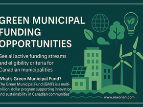 Green Municipal Funding Opportunities for Canadian municipalities with eco icons and a brief description of the GMF program. Includes Navoriah branding.