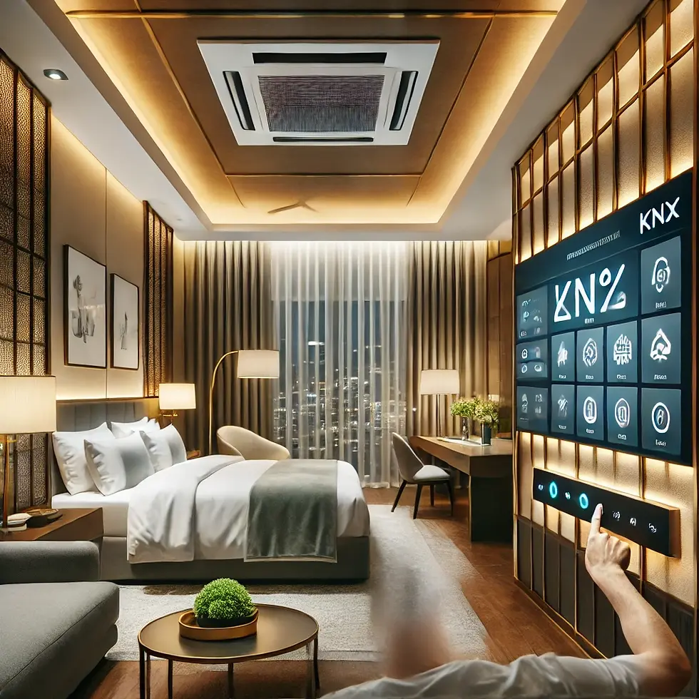 DALL·E 2025-03-15 03.52.50 - A luxury hotel room with KNX smart hotel system. The room is