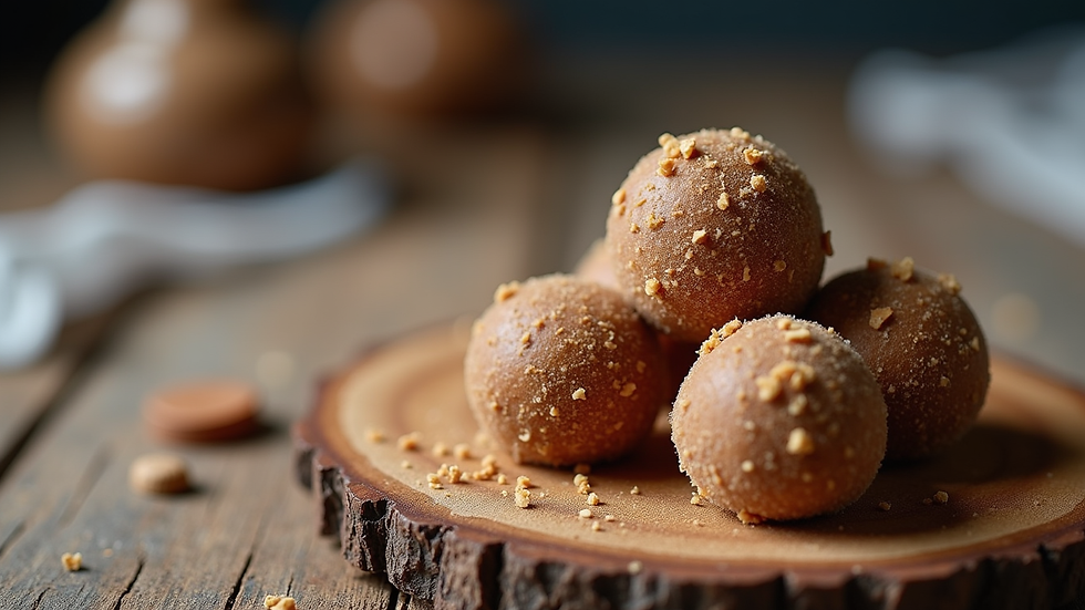 Eye-level view of homemade keto fat bombs on a rustic wooden table