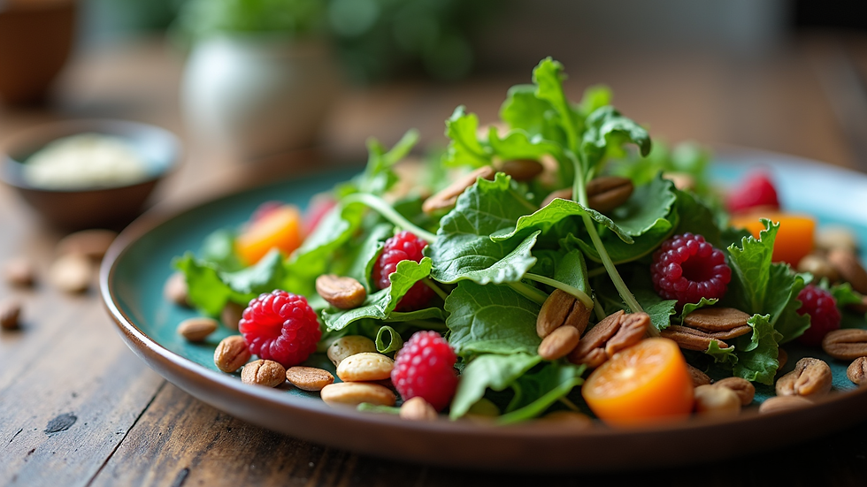 Close-up view of a colorful plate with nutrient-dense foods like leafy greens, nuts, and berries