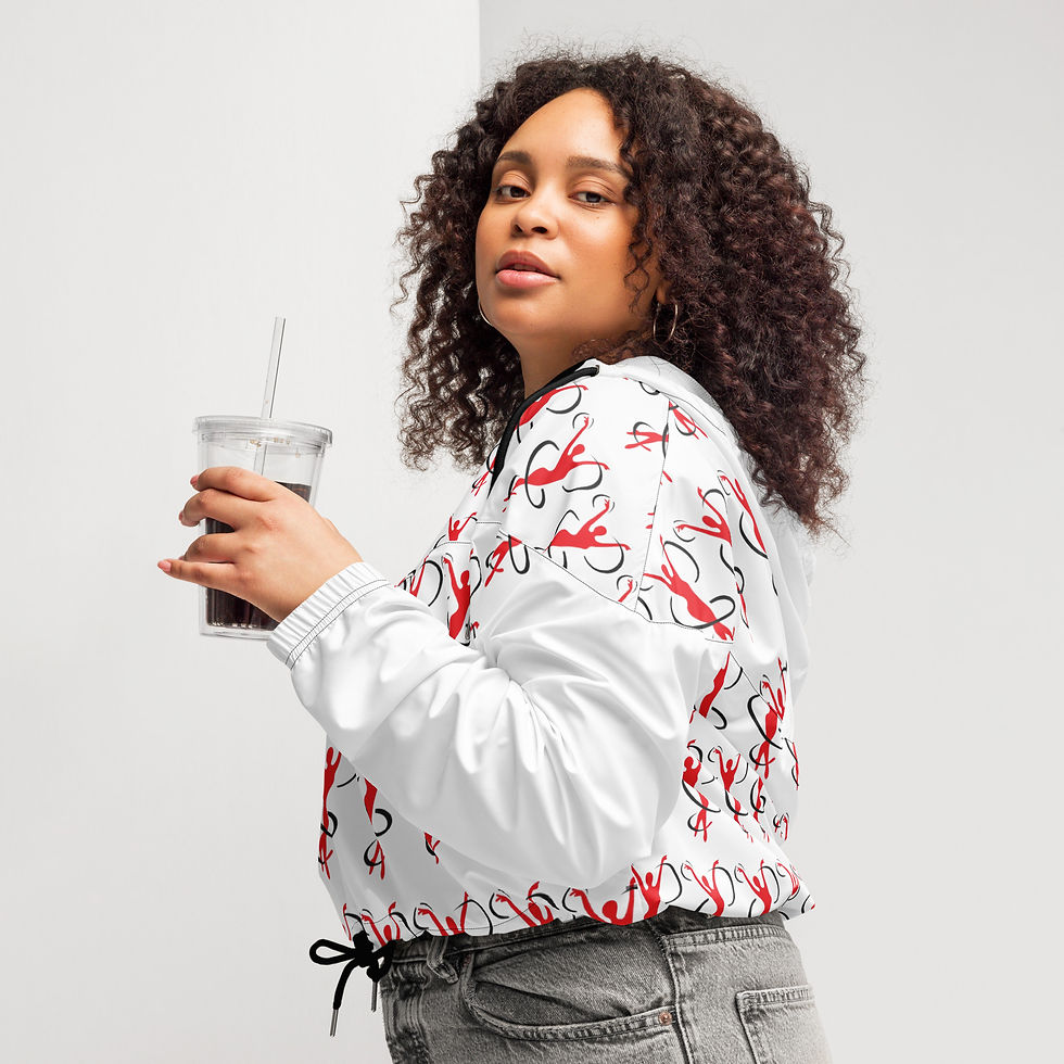 Thumbnail: Woman in white patterned cropped windbreaker