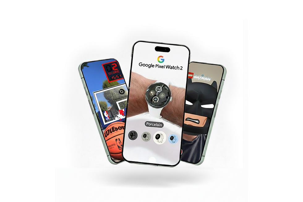Premium augmented reality filters and branded AR activations — Google Pixel Watch AR try-on, Beats basketball AR filter, and Lego Batman cinematic AR mask by Gloam AR agency