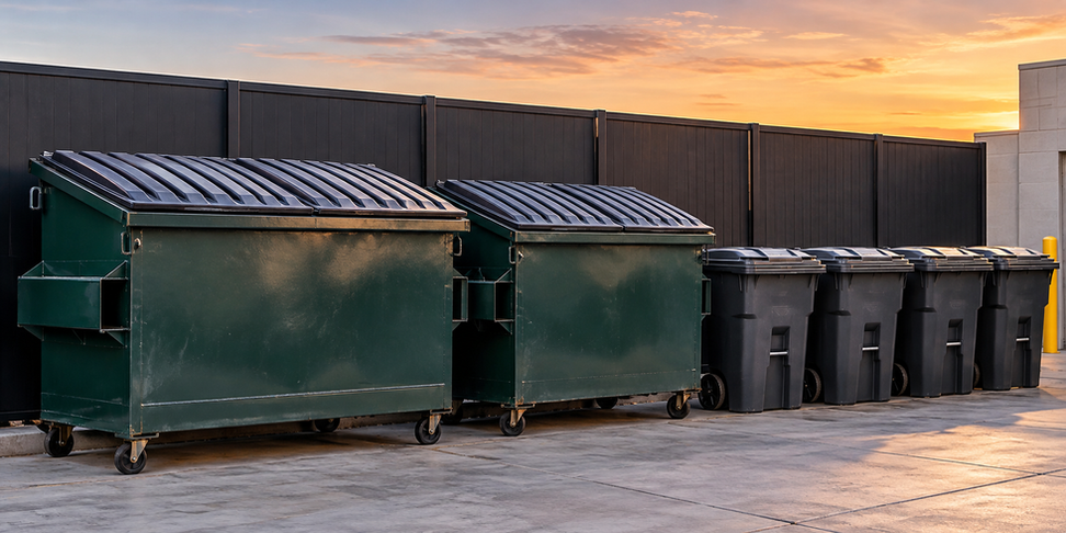 Dumpsters and garbage bins lined up.