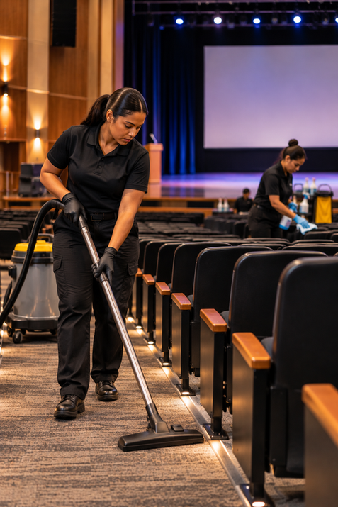 Workers cleaning an auditorium.