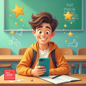Teenager sitting in a classroom, smiling while looking at their phone, with floating star ratings and school icons around — representing students reviewing their school online.