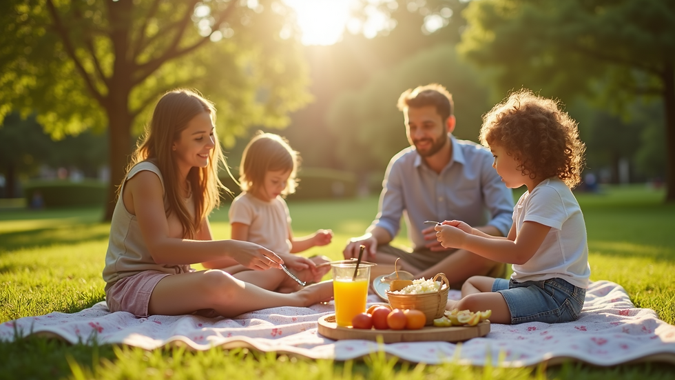 Eye-level view of a family picnic setup in a sunny park