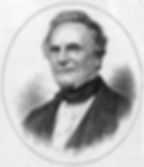 Charles Babbage dressed in a white cravat and dark coat, sitting against a deep red background, looking contemplative.