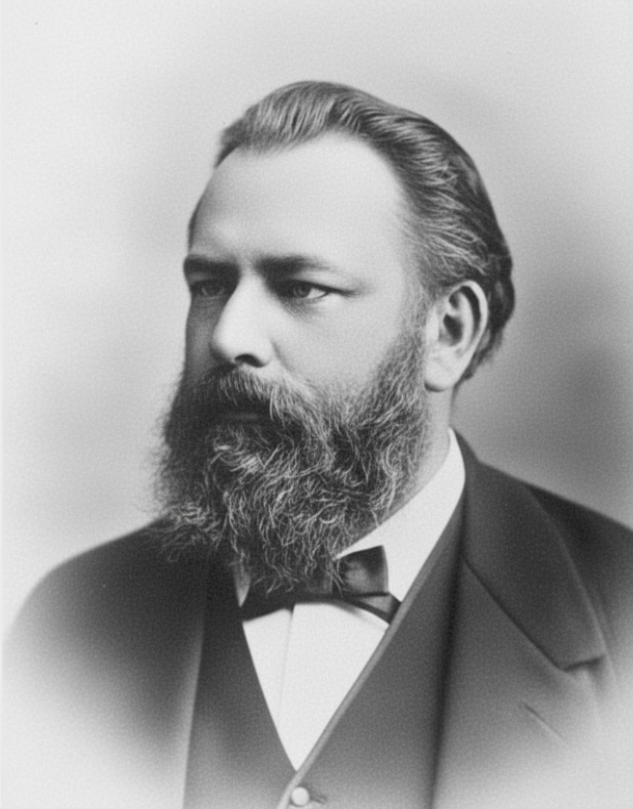 A bearded man in formal attire, wearing a bow tie, gazes to the side. The image is in black and white with a soft, blurred background.
