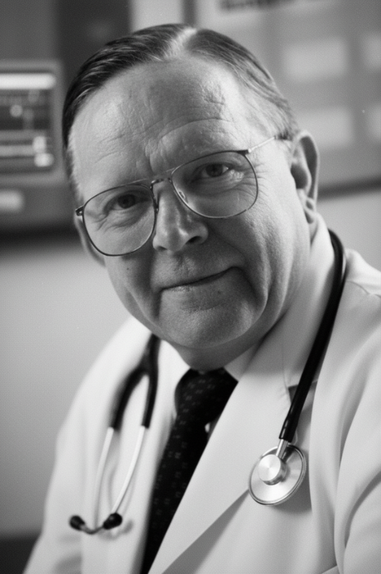 Elderly doctor with glasses and stethoscope smiles warmly. He's in an office setting with a blurred monitor in the background.