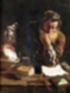 Painting of Archimedes in deep thought, hand on a globe. Dimly lit study with books, paper, compass, and inkwell. Pensive mood.