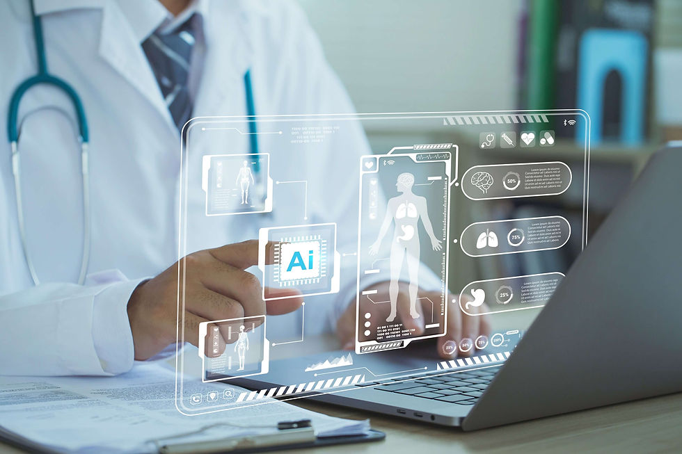 A doctor uses a laptop displaying a digital health interface with AI graphics, in a clinical setting. Stethoscope visible on white coat.