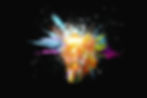 A lightbulb exploding with vibrant colors on a black background. Glass shards and colorful smoke suggest energy and creativity.