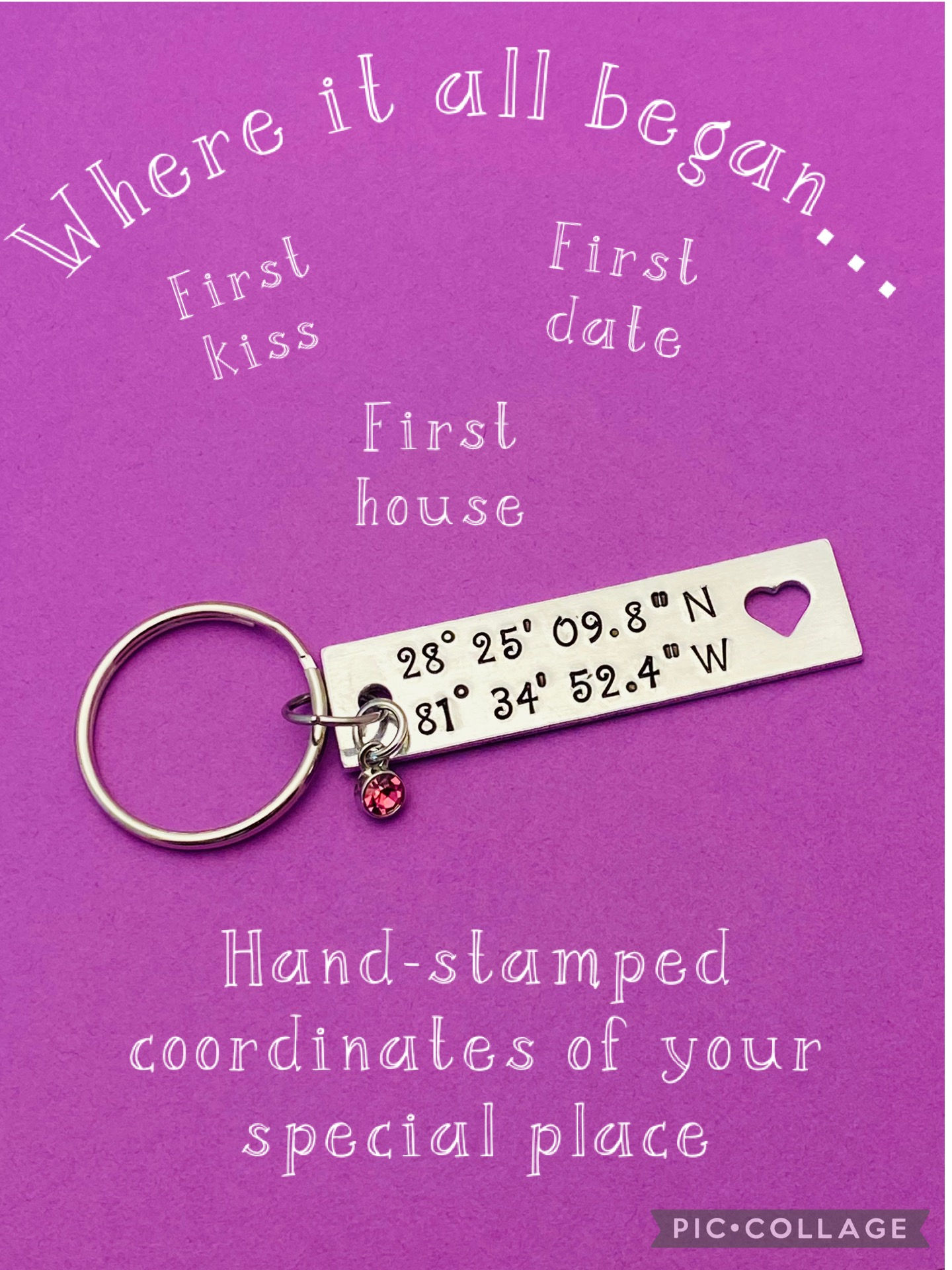 Where it all began - coordinates keychain with heart cutout