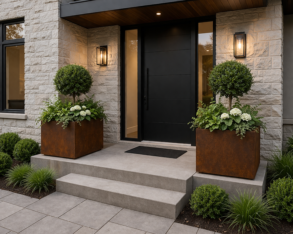 Modern entrance with custom metal planters