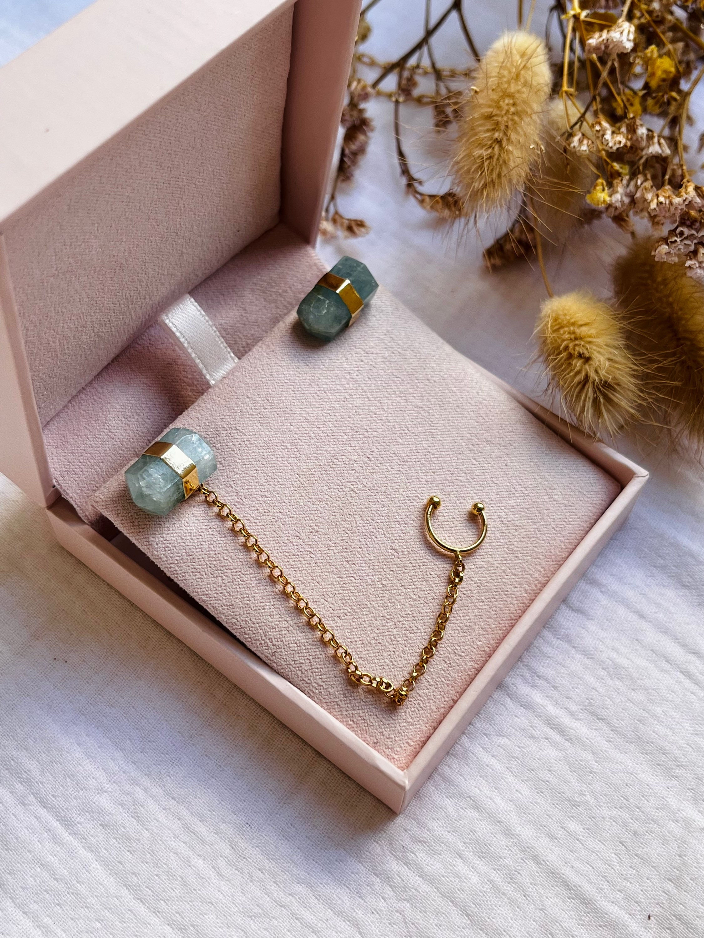 עגילים 2 ב-1 בציפוי זהב עם אבן אקוומרין