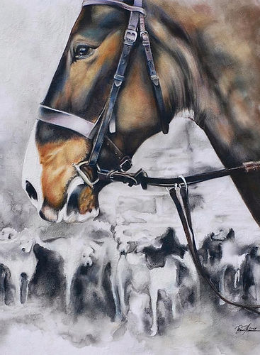 Painting of Horse and fox hounds