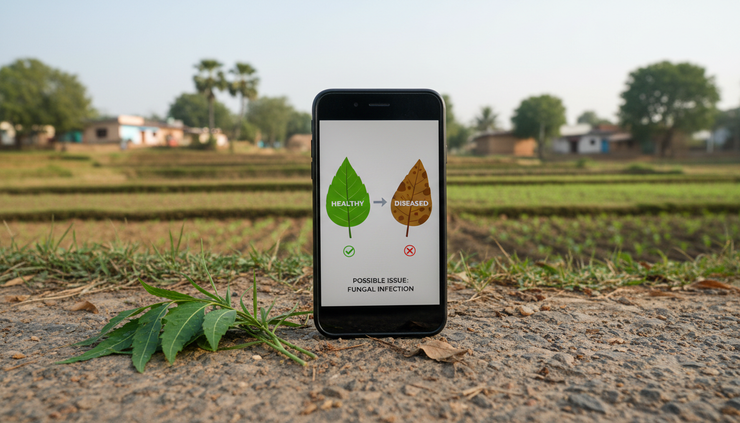 Eye-level view of a smartphone showing a simple crop diagnosis mock-up beside fresh leaves