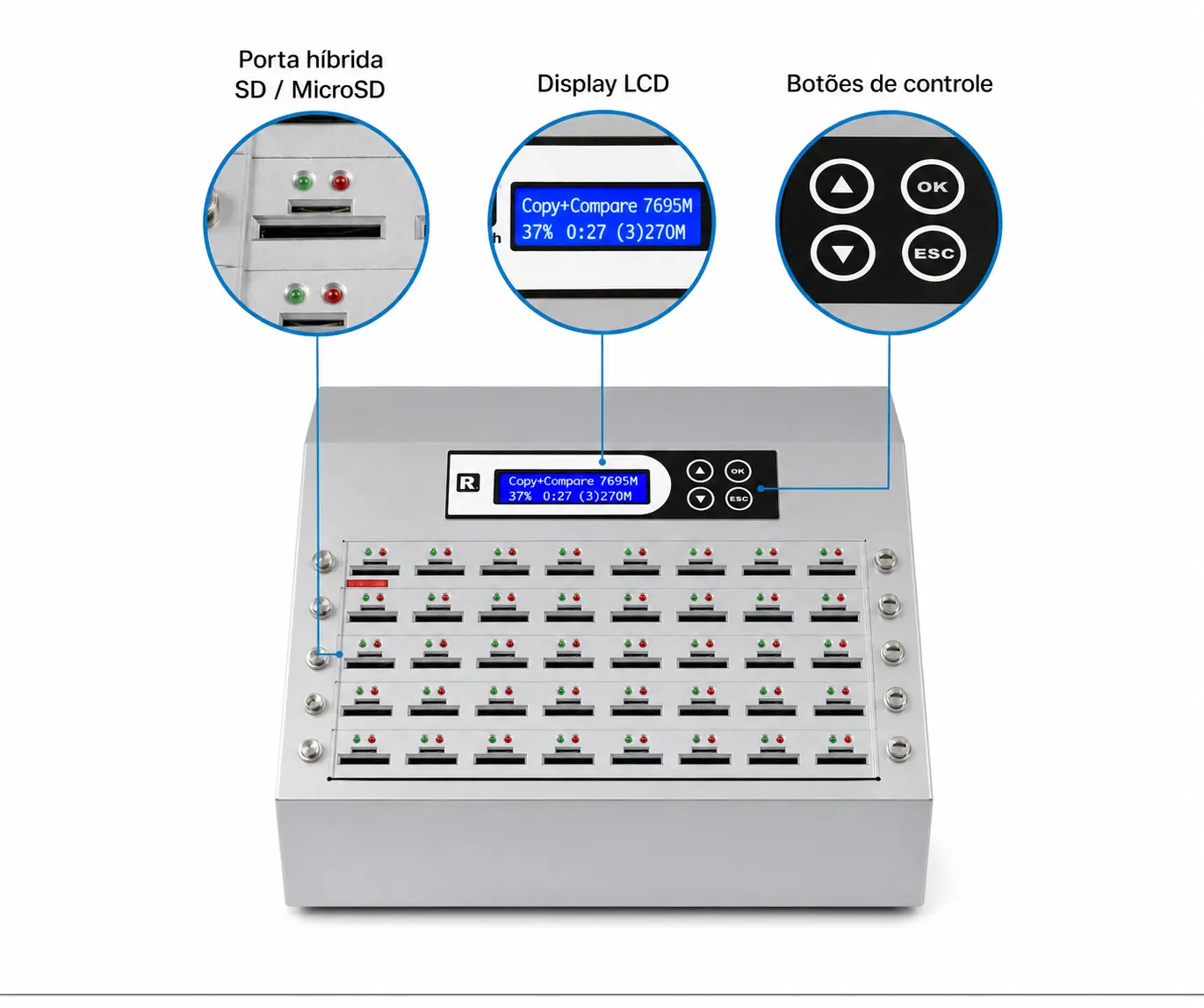 Duplicador profissional SD e MicroSD com porta híbrida, display LCD e botões de controle