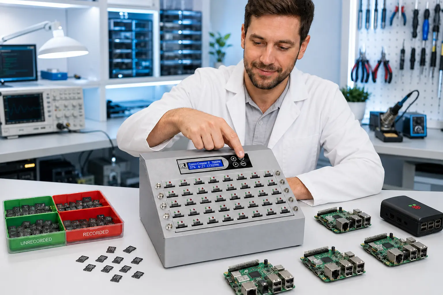 Técnico em laboratório utilizando duplicador profissional de cartões MicroSD com dispositivos Raspberry Pi