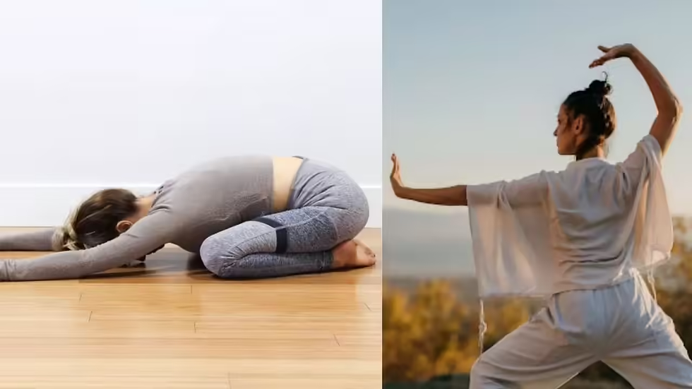 Two images side by side: one person in a yoga child's pose indoors on wooden floor, another doing tai chi outdoors at sunset, both in focus.