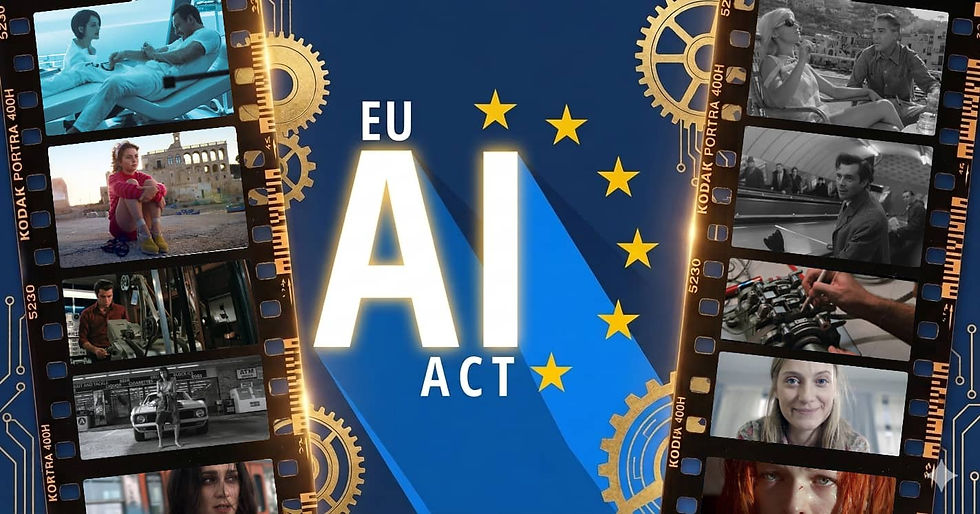 The image depicts a variation of the European flag composed of scenes from world cinema, alongside the “EU AI ACT” initiative logo.