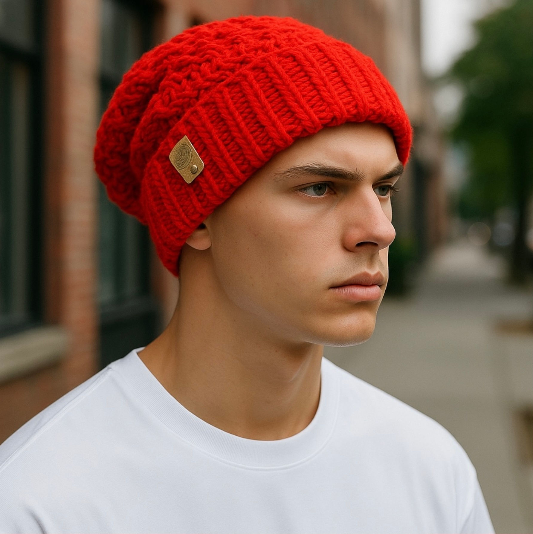 Red Crochet Beanie Hat – Unisex Handmade Slouchy Winter Hat